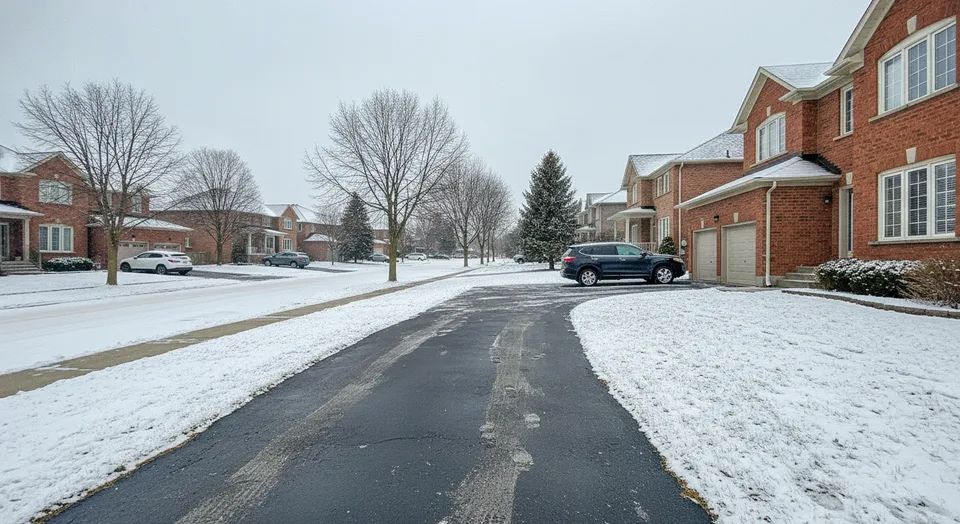 A sidewalk and driveway freshly cleared of snow in front of a brick house on a residential street in Waterloo, Ontario